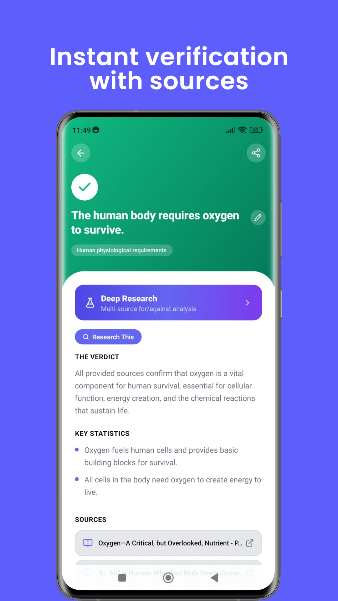 Verdict detail screen with verified explanation, key statistics, and trusted sources